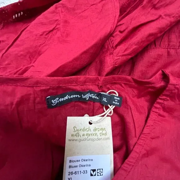 Gudrun Sjoden Okarina Eco-Cotton Blouse Womens XL Cranberry Red Lagenlook New